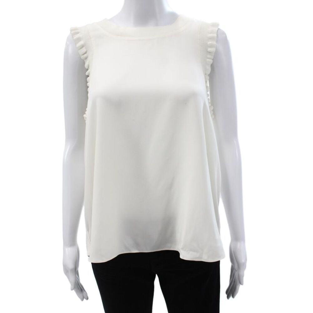 Cinq à Sept Women White Silk Rayon Sleeveless Round Neck Designer Blouse Size S